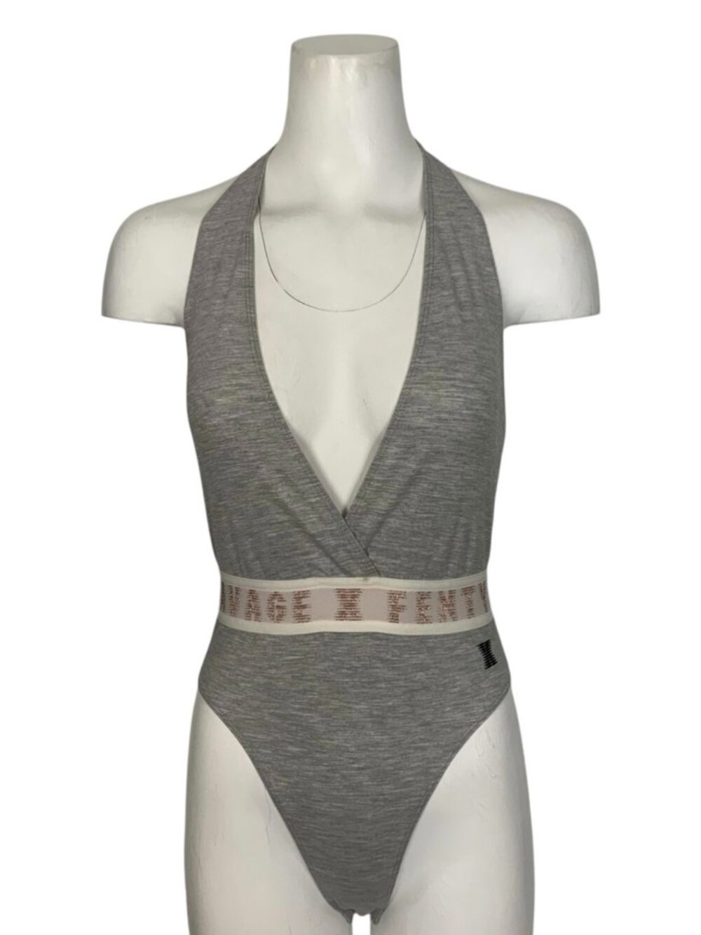 Savage X Fenty Logo Plunge Bodysuit XS Gray Halter Lingerie